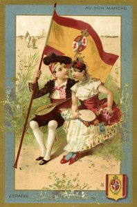 Spanischer Junge und Mädchen, aus einer Serie von Illustrationen von Kindern aus verschiedenen Ländern, produziert als Werbekarten für das Bon Marché Kaufhaus in Paris, ca. 1890 von French School
