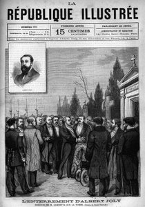 Rede von Leon Gambetta (1838-1882) bei der Beerdigung des Abgeordneten Albert Joly (1844-1880) auf dem Friedhof von Versailles. Eine Zeitung. Gravur von 1880 in „La republique illustree“ private Sammlung.