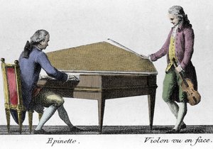 Spinett- und Geigenspieler. Gravur aus dem späten 18. Jahrhundert.