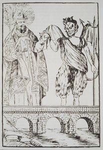 St. Cado und der Teufel, Kopie eines populären französischen Drucks, illustriert in einer Geschichte der Magie, veröffentlicht Ende des 19. Jahrhunderts von French School