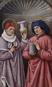St. Cosmas und St. Damian, Schutzheilige der Ärzte und Apotheker, Kopie aus einem Stundenbuch von Anne von Bretagne