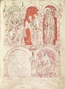 St. Johannes Cassian (360-ca.435) schreibt und Mönche bieten das Buch dem Patron der Abtei an, aus Collationes von Cassian, aus der Abtei von St. Amand von French School