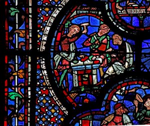 Das St. Johannes-Fenster: Zwei Männer zerschlagen einige Edelsteine von French School