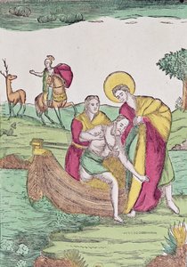 St. Julian der Gastfreundliche hilft einem Reisenden über einen Fluss von French School