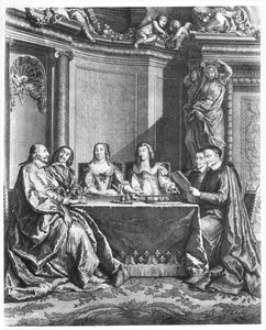 St. Vincent de Paul (1581-1660) und Kardinal Jules Mazarin (1602-61) beim Conseil de Conscience von Ludwig XIV. (1638-1715), graviert von Gerard Scotin, um 1660