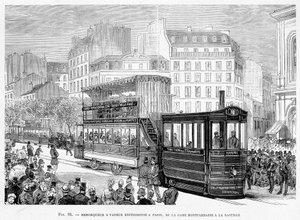 Dampfschlepper für erfahrene Straßenbahnwagen in Paris, von der Montparnasse-Station zur Bastille - in „The new conquests of science“ von Louis Figuier von French School