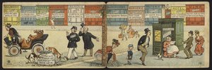Straßenszene mit einer Reihe geschlossener Geschäfte und einer geschlossenen öffentlichen Toilette von French School