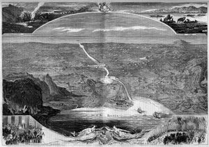 Suezkanal: Panoramablick auf das Loch im Isthmus von Suez (Ägypten), dessen Bau 1859 begann. Gravur von Morin in „Die illustrierte Welt“ Nr. 84 vom 20. November von French School