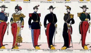 Uniformen für Studenten des Offiziers der Guides, der Schule von Saint Cyr, Polytechnique und der Anwendungsschule. Gravur des 19. Jahrhunderts. Paris, Musee Carnavalet