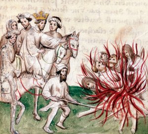 Hinrichtung der Templer: Jacques de Molay, Großmeister des Templerordens, und mehrere seiner Gefährten werden von König Philipp IV., genannt der Schöne, der Häresie und Ausschweifungen beschuldigt und am 4. März hingerichtet