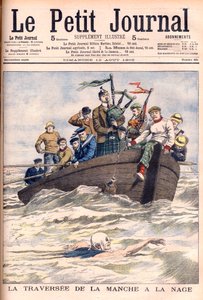 Schwimmen durch den Ärmelkanal. Der Engländer Jabez Wolffe bei seinem ersten von 22 erfolglosen Versuchen, den Kanal zu durchschwimmen. Illustration für Le Petit Journal