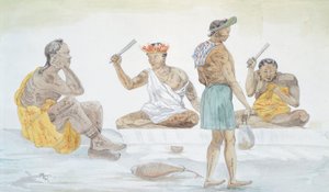 Tahitische Tuchschläger, von LF Lejeune aus der Reise von Louis I Duperrey, Polynesien 19. Jahrhundert Aquarell von French School