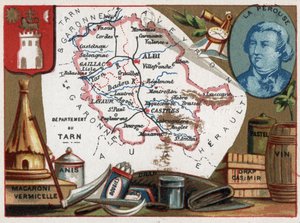 Tarn, Midi-Pyrénées, Frankreich. Makkaroni und Vermicelli, Anis, Kerzen, Bettwäsche, Pastell und Wein. Porträt von Jean François de Galaup, Graf von La Pérouse (1741-?), Marineoffizier. Serie über die französischen Departements. Chromolithographie, ca. 192 von French School