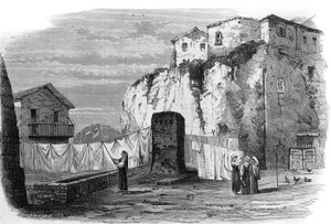 Tarpejischer Felsen nahe dem Kapitol in Rom. Hinrichtungsort bis zum Ende der Republik: Verurteilte wurden von der Klippe gestürzt. Gravur nach einer Zeichnung von M. Mariani in „Das illustrierte Universum“ von French School
