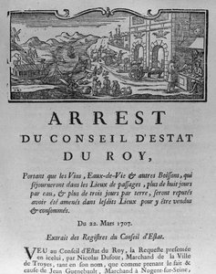 Steueramt am Stadteingang für Weine und Spirituosen, Dekret des Staatsrats vom 22. März 1707, aus den Registern des Staatsrats von Paris, 1739 von French School