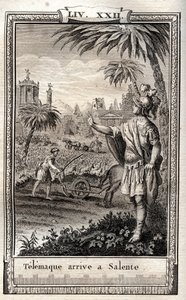 Telemach kehrt nach Salente (Salento) zurück - Gravur von 1798 in „Les Aventures de Télémaque, fils d