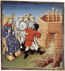 Templer werden unter dem Blick des französischen Königs Philipp IV. der Schöne im Jahr 1310 hingerichtet, Illustration von French School