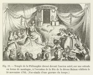 Tempel der Philosophie vor dem alten Altar, auf einer Bühne in Form eines Berges, anlässlich des Festes der Göttin Vernunft gefeiert am 20. November 1793, Faksimile eines zeitgenössischen Stichs von French School