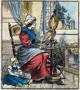 Textil, Leinen. Eine Frau benutzt ein mechanisches Spinnrad, um Leinen zu spinnen. Gravur. Epinal-Bildgebung Ende des 19. Jahrhunderts. von French School