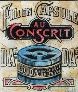 Textil, Leinen. Kapsel zur Verwendung von Dae-Nähfäden. Gravur. Epinal-Bildgebung Ende des 19. Jahrhunderts von French School