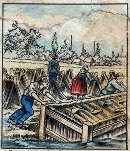Textil, Leinen. Flachsrost: Um Strohfasern zu trennen, werden Flachsbündel ins Wasser getaucht. Gravur. Epinal-Bild Ende des 19. Jahrhunderts. von French School