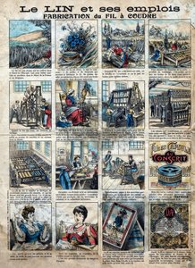 Textilien, Leinen. Die Schritte des Nähens, der Herstellung, der Verwendung und des Marketings von Flachs zur Herstellung von Nähgarn. Gravur. Epinal Imaging Ende des 19. Jahrhunderts.