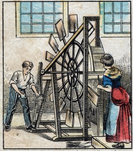 Textil, Leinen. Bearbeitung des Flachses, um das Stroh durch Mühlen fallen zu lassen und so die Faser zu erhalten. Gravur. Epinal-Bildgebung Ende des 19. Jahrhunderts. von French School