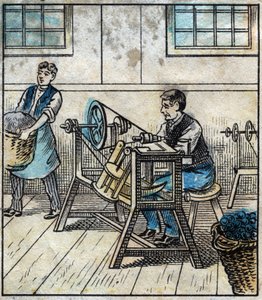Textil, Leinen: Werkstatt. Der Nähfaden wird auf Karten oder Rollen in einem Ballen ausgelegt. Gravur. Epinal-Bild Ende des 19. Jahrhunderts. von French School