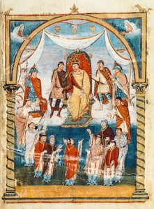 Der Abt Vivian umgeben von Mönchen des St. Martin von Tours, die das Buch Karl II. dem Kahlen präsentieren, 9. Jahrhundert (Miniatur) von French School
