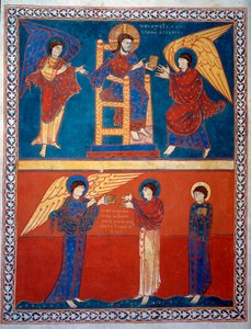 Der Engel erhielt das Buch des Herrn und übergab es dem Heiligen Johannes. Miniatur aus den Kommentaren zur „Offenbarung des Johannes“ geschrieben 775 von dem Mönch Beatus von Liébana