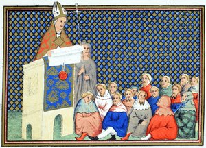 Der Erzbischof von Canterbury predigt dem englischen Adel gegen Richard II., Faksimile-Kopie aus Le Prinse et Mort du Roy Richart von Jean Creton, nachgedruckt im 19. Jahrhundert von French School