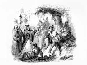Der Erzbischof von Rouen in Verhandlung mit Rollo dem Wikinger, um die Stadt vor Angriffen anderer Wikinger zu schützen von French School