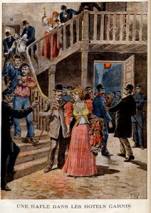 Die Verhaftung von Prostituierten in Pariser Hotels (Pension) - Eine Razzia in den gefüllten Hotels - in „Le Petit Journal“ vom 04.08.1895 (Gravur) von French School
