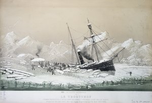 Der österreichische Schraubendampfer Tegetthof im Eis steckend und von Eisbären angegriffen während der Nordpolexpedition 1872-4 von French School