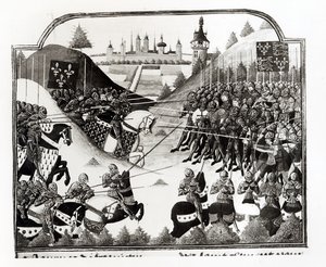 Die Schlacht von Fromigny, 14. April 1450, ms Fr 2691 fol. 183, aus Chronique de Charles VII von Jean Chartier von French School