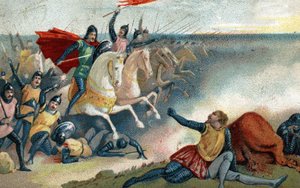 Die Schlacht von Hastings am 14.10.1066 zwischen den Sachsen von Harold II. und der normannischen Armee (Wilhelm I. der Eroberer). Chromolithographie aus dem späten 19. Jahrhundert. von French School