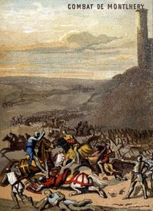 Die Schlacht von Montlhery (1227): Die Königreiche und die Feudalität - Blanche de Castille, Regentin ihres Sohnes Ludwig IX., unterdrückt den Aufstand der großen Feudalherren. Chromolithographie der Serie Patriotische Erziehung durch Bild von French School