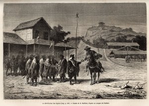 Die Blancos, argentinische Aufständische, die die Provinz Entre-Rios (Entre Rios) gegen die Waffen von Buenos Aires halten, in malerischen Kostümen mit weißen Streifen, erhalten ein wenig Tabak vom Erzähler, während er versucht, ihre Linie zu passieren, um