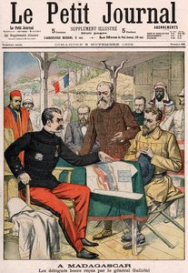 Die Buren-Delegation wird von General Joseph Simon Gallieni (1849-1916) in Madagaskar empfangen, Titelblatt des Le Petit Journal Farbbeilage Nr. 625, 9. November 1902 von French School