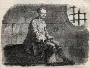 Der Brigant Louis Dominique Garthausen genannt Cartridge (1693-1721) im Gefängnis - Gravur in „Causes celebres de tous les peuples“ von Armand Fouquier (1817-18?) 1858-1867 - private Sammlung von French School
