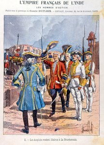 Die Briten übergeben Madras an den französischen Kommandanten Mahe de la Bourdonnais am 21. September 1746, Umschlag eines Schulheftes, um 1900