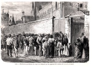 Die Kapuziner der Rue de la Santé verteilen die tägliche Suppe an die Armen, aus Le Monde Illustré, 1860 von French School