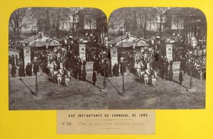 Der Karneval von 1863 in Paris, der fette Ochsenwagen verlässt den Schlachthof, stereoskopische Ansicht, 1863