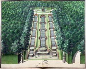 Der Wasserfall, verändert Ende 1706, im Hain auf dem Hügel, aus Gardens of Marly, frühes 18. Jahrhundert