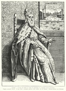 Der Doge von Venedig in seinen zeremoniellen Roben und der alte Markusplatz von French School