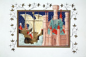 Der Herzog von Salisbury kommt aus Irland auf Schloss Conway an, Faksimile-Kopie aus Le Prinse et Mort du Roy Richart von Jean Creton, nachgedruckt im 19. Jahrhundert von French School