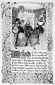 Der Einzug von Karl VII. (1403-61) in Rouen im Jahr 1450, aus einem Manuskript, das den Bericht über den Hundertjährigen Krieg enthält, Illustration aus Wissenschaft und Literatur im Mittelalter und der Renaissance von French School