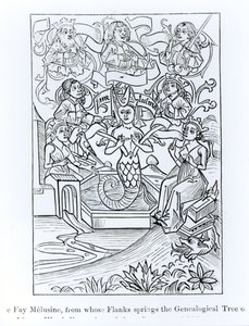 Die Fee Melusine, aus deren Flanken der genealogische Baum der Könige und Kaiser entspringt, Illustration aus Wissenschaft und Literatur im Mittelalter und der Renaissance, geschrieben und graviert von Paul Lacroix