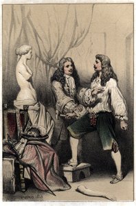 Der französische Bildhauer Pierre Puget (1620-1694) wurde verhaftet, weil er seine Venus nach dem mittelmäßigen Vorschlag seines Auftraggebers zu zerstören drohte. Platte aus „Szenen aus dem Leben berühmter Männer“, Gravur in zwei Farben von Valerio. 1843. von French School
