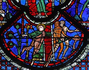 Das Fenster des barmherzigen Samariters: Adam und Eva werden von einem Engel mit einem Schwert aus dem Paradies vertrieben von French School